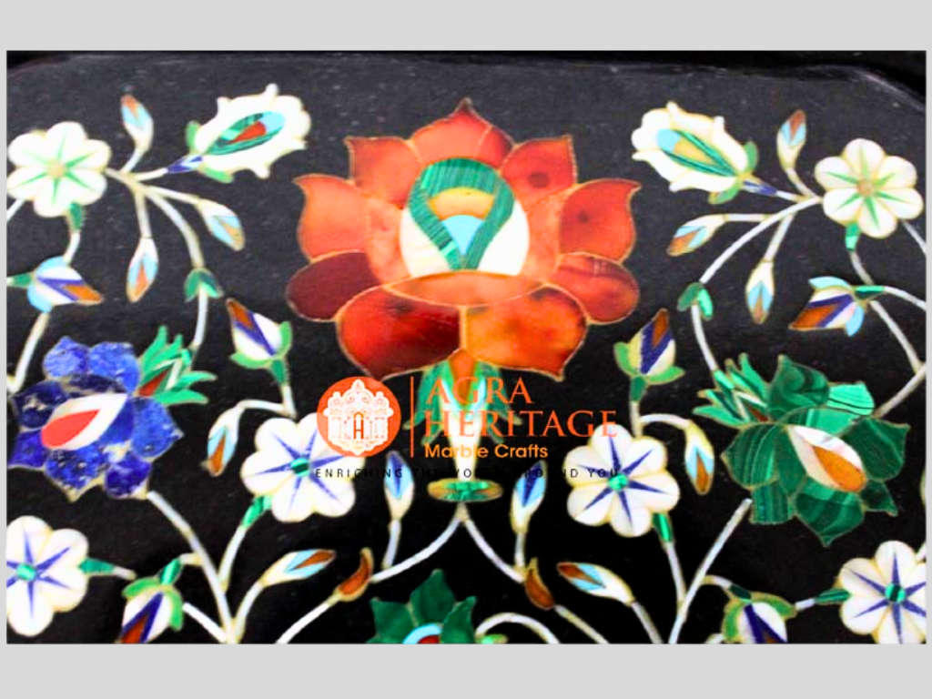 Black Marble Carnelian Floral Marquetry Art Serving Tray